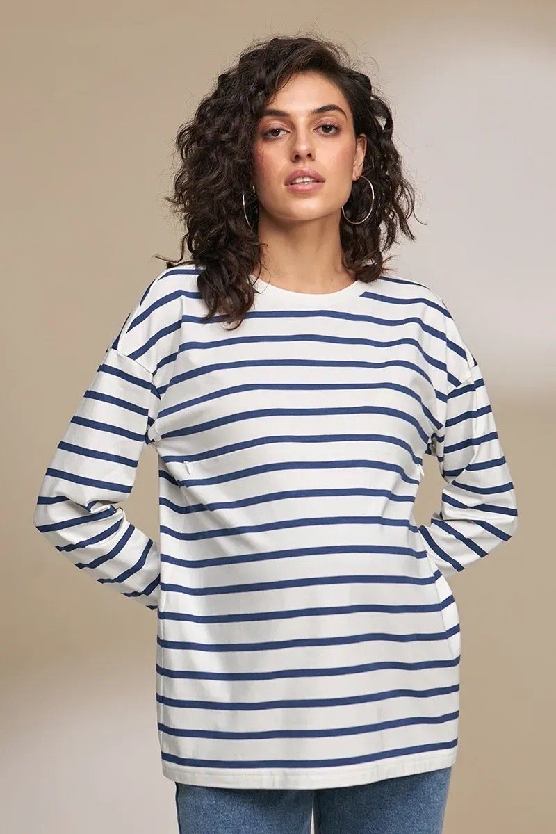 Лонгслів у синьо-молочну смужку для вагітних та годуючих Nikita