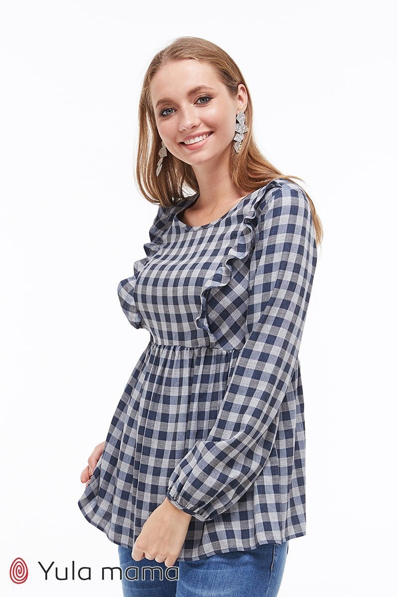 Блузка с рюшами для беременных и кормящих Marcela серо-синяя