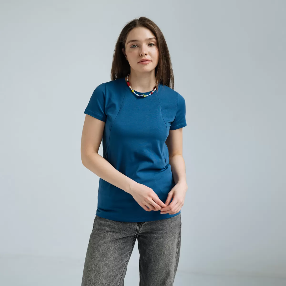 Футболка прямого кроя для беременных и кормящих Синяя