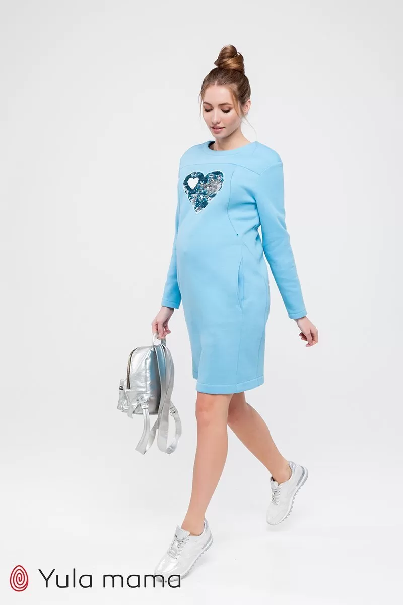 Теплое платье для беременных и кормящих Milano голубое