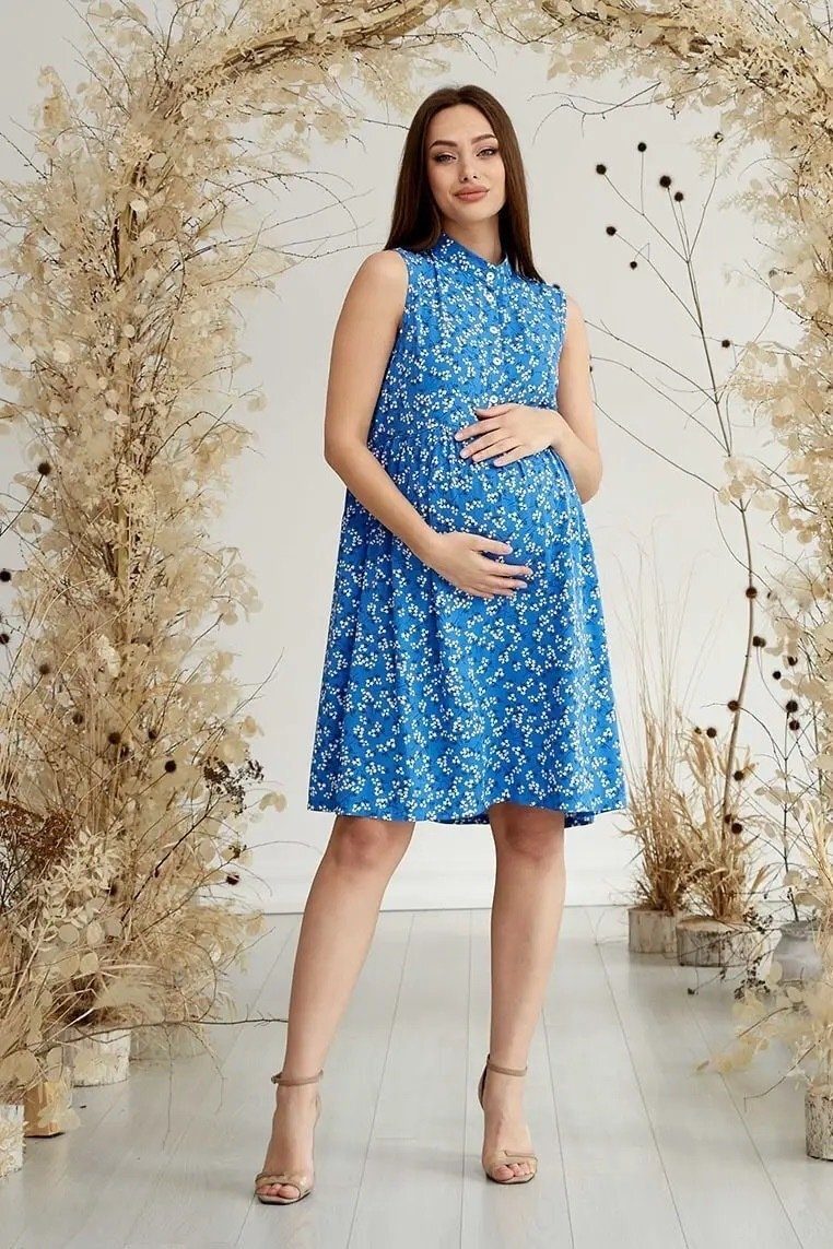 Летнее платья для беременных и кормящих в цветок Sofia - синие