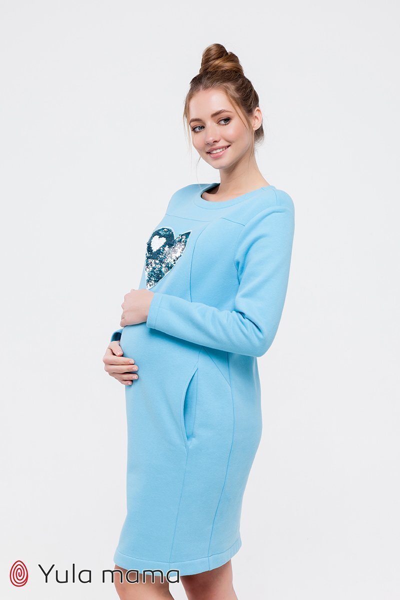 Теплое платье для беременных и кормящих Milano голубое