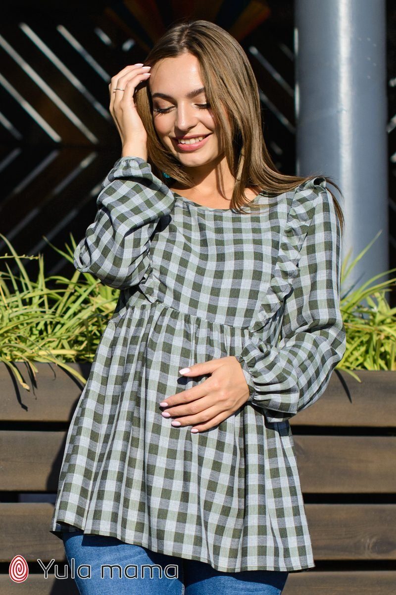 Блуза з рюшами для вагітних і годуючих Marcela сіро-зелена