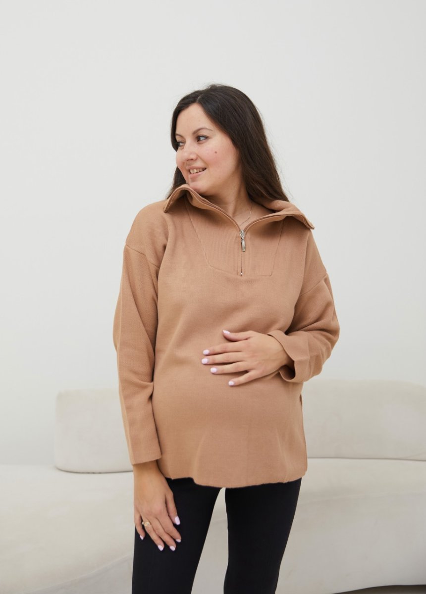 В'язаний светр із змійкою для вагітних - Barbara темно-бежевий
