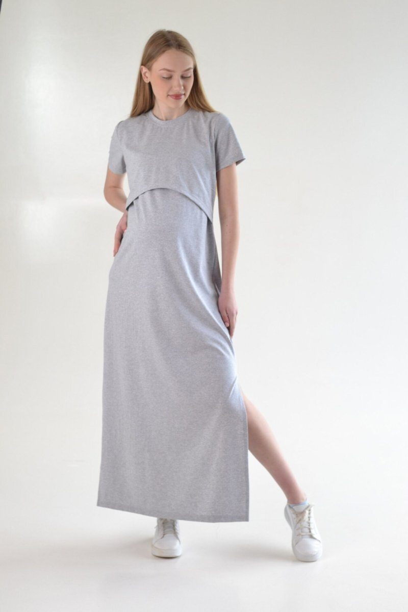 Сукня максі для вагітних та годуючих DM-31 сіра