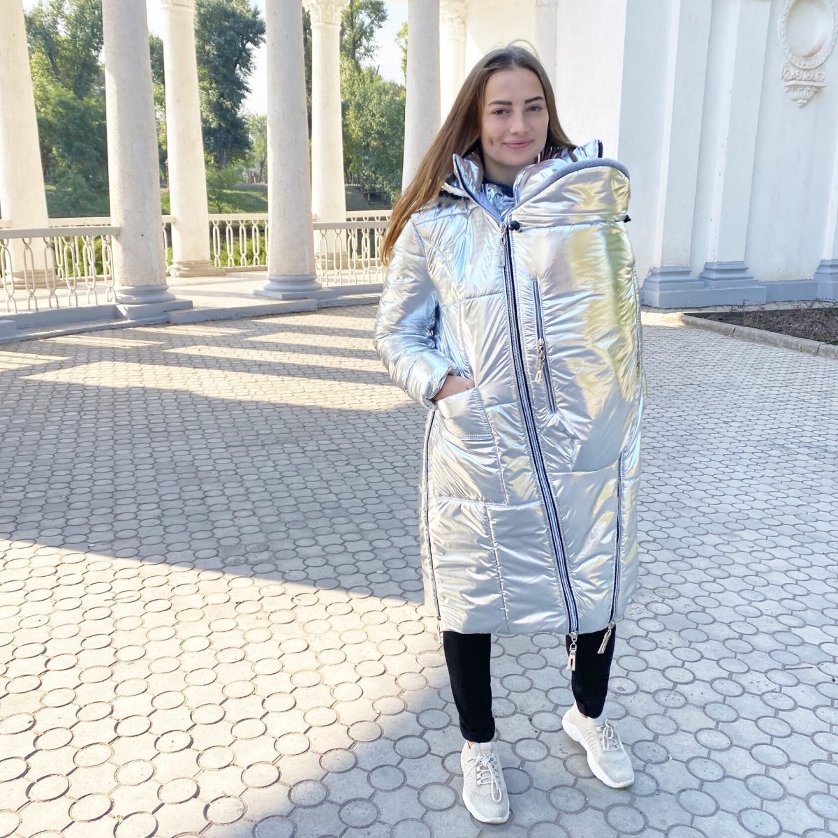 Зимова куртка для вагітних та слінгоношення срібло