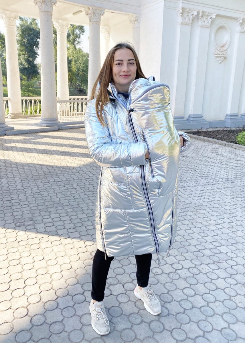 Зимова куртка для вагітних та слінгоношення срібло